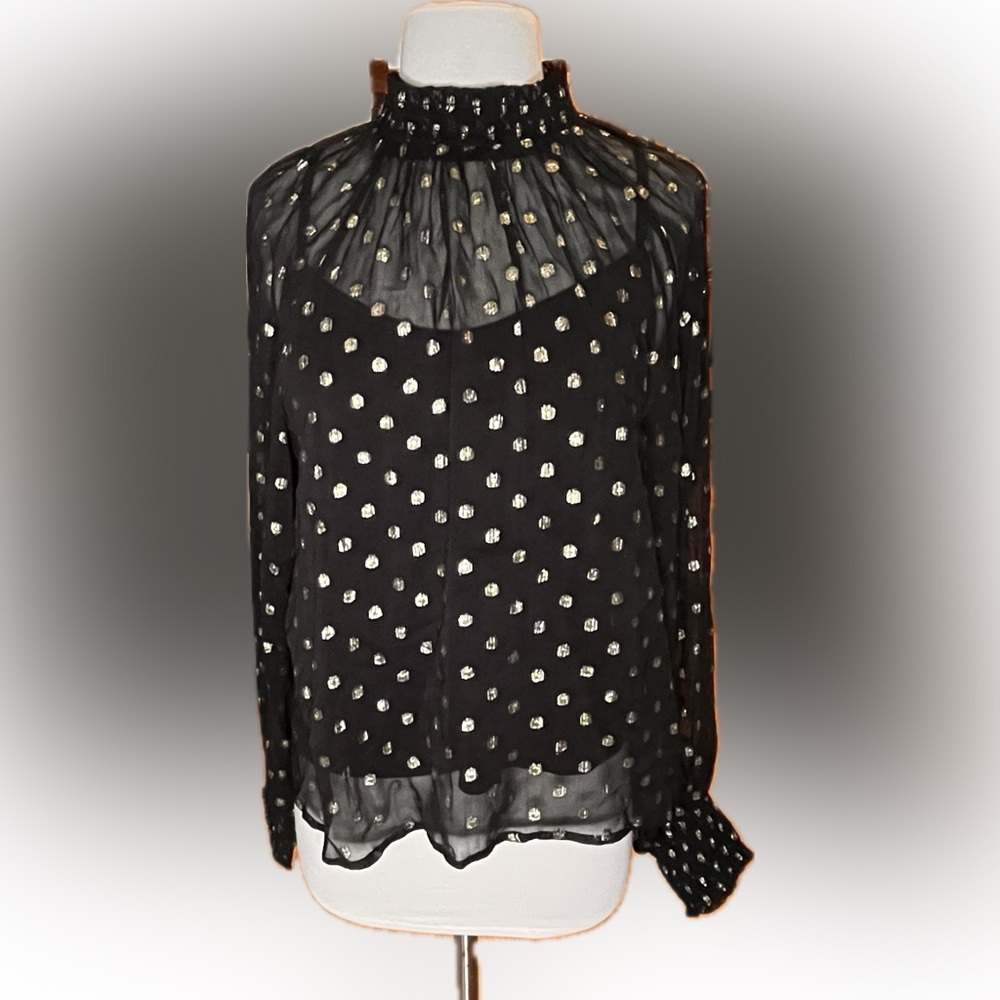 Evereve Sheer Black With Gold Dots Long Sleeve Mockneck Blouse with Cami Size M - Picture 3 of 11